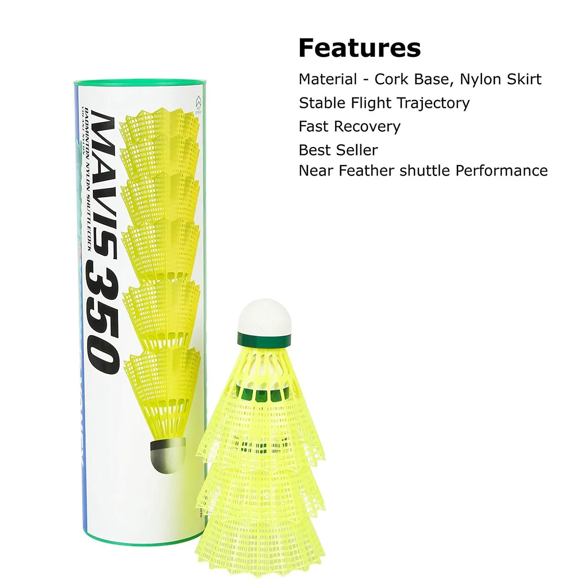 Yonex Mavis 350 Nylon Badminton Shuttlecock Green Yellow Green Cap Pack of 6