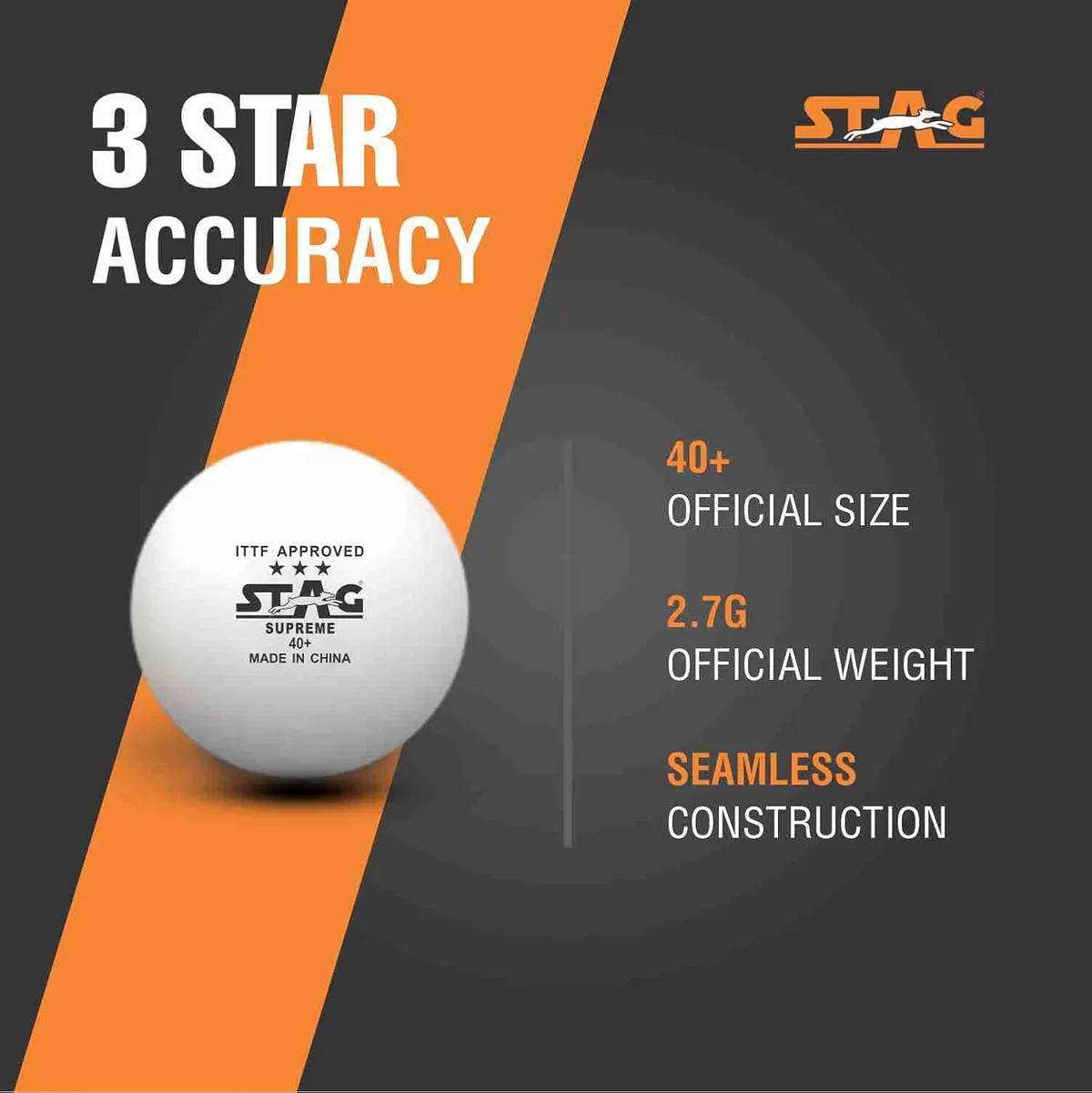 Stag 3 Star Supreme Plastic 40+ Table Tennis Ball Pack of 3 3 Star