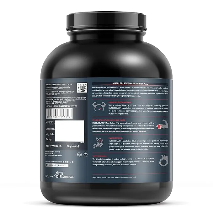 MuscleBlaze Mass Gainer XXL Complex Carbs Protein 3:1 Ratio 3kg Chocolate