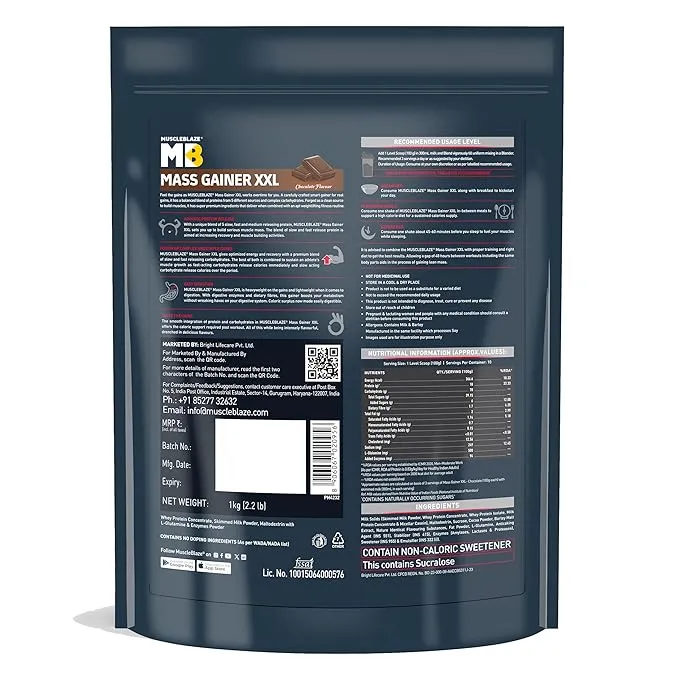 MuscleBlaze Mass Gainer XXL Complex Carbs Protein 3:1 Ratio 1kg Chocolate