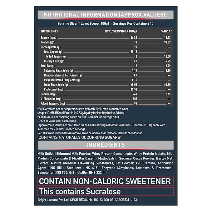 MuscleBlaze Mass Gainer XXL Complex Carbs Protein 3:1 Ratio 1kg Chocolate