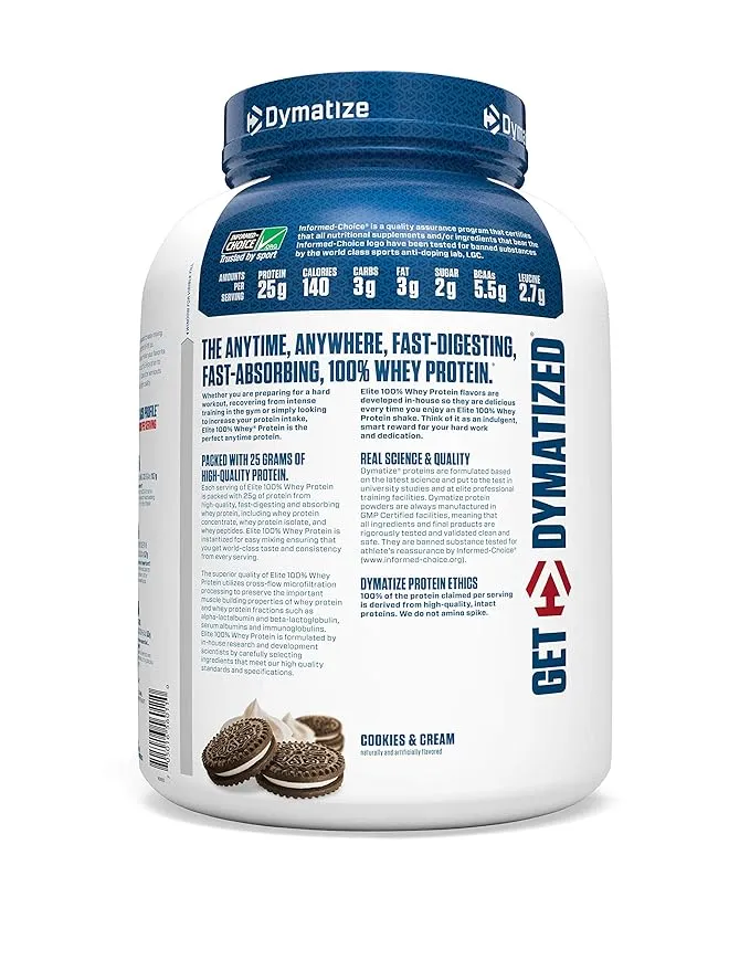 Dymatize Elite 100% Whey Protein Cookie & Cream 5 Lbs 63 Servings 25g Protein