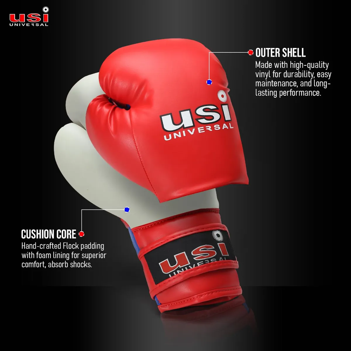 USI Universal 612BV Bouncer Velcro Boxing Gloves Red/Blue S/M (10–12oz) Vinyl Mesh Flock Padded