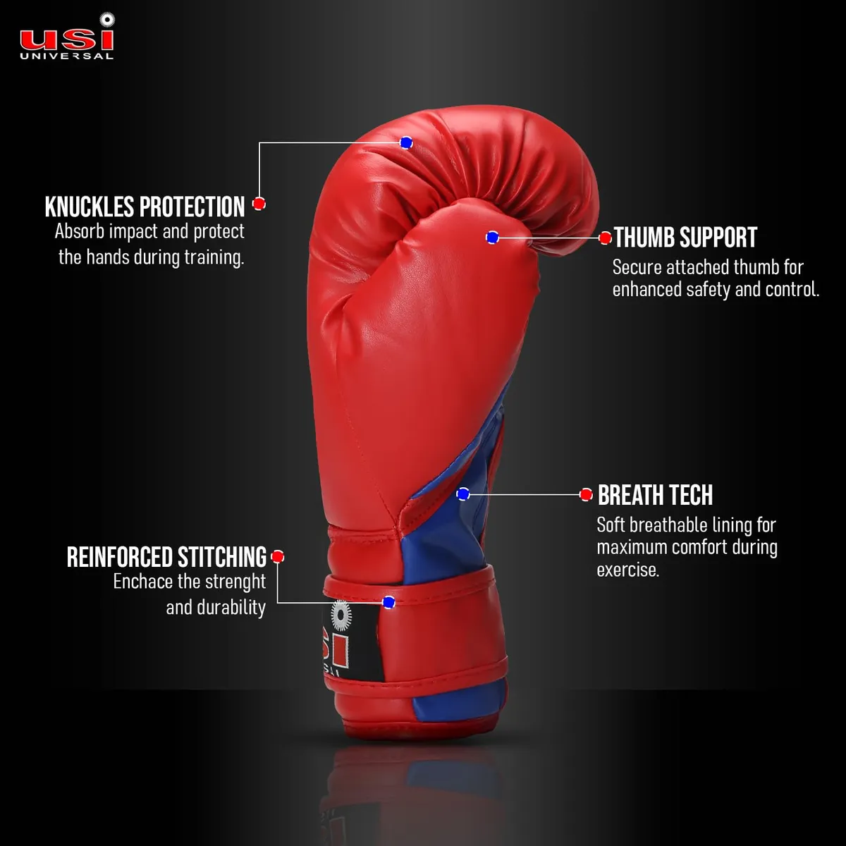 USI Universal 612BV Bouncer Velcro Boxing Gloves Red/Blue S/M (10–12oz) Vinyl Mesh Flock Padded