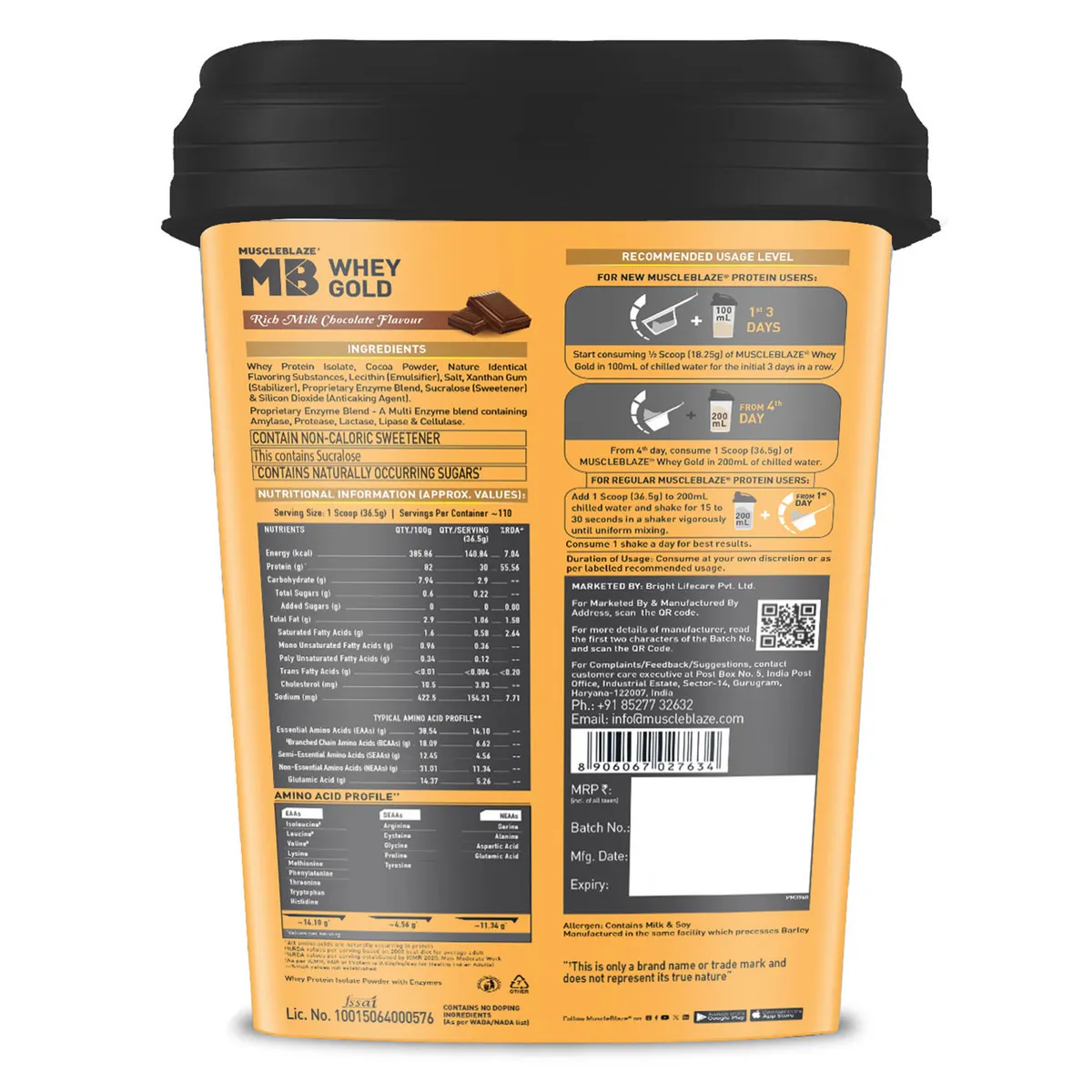 MuscleBlaze Whey Gold 100% Whey Protein Isolate Rich Milk Chocolate 4kg 8.8lb Labdoor USA