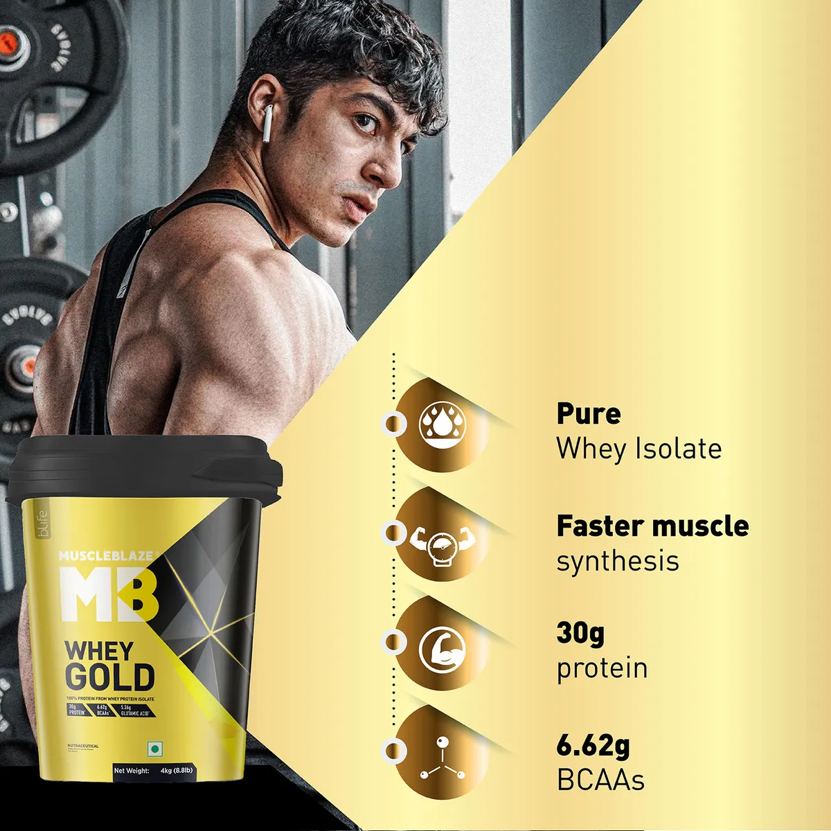MuscleBlaze Whey Gold 100% Whey Protein Isolate Rich Milk Chocolate 4kg 8.8lb Labdoor USA