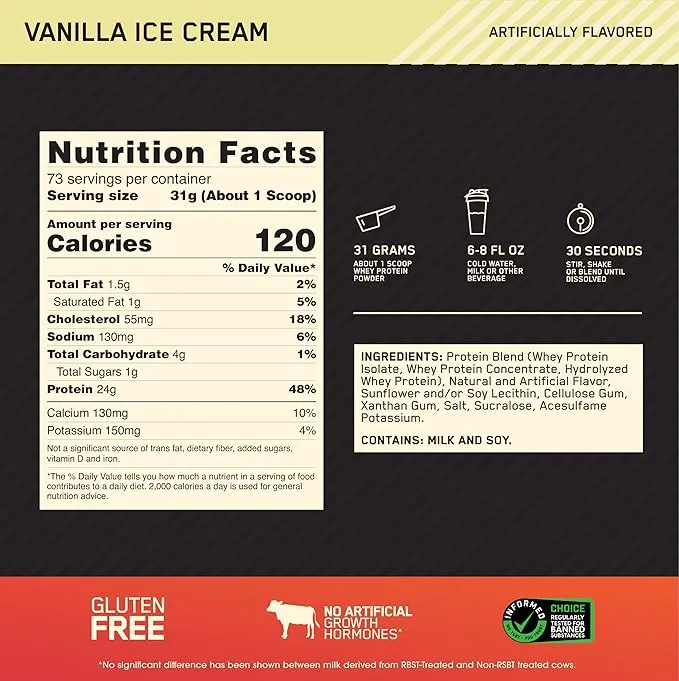 Optimum Nutrition Gold Standard 100% Whey Protein Vanilla Ice Cream 2.27 kg (5 lb) ~73 Servings 24g Protein