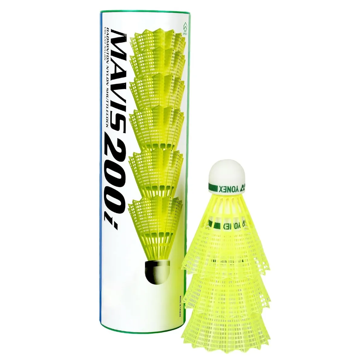 Yonex Mavis 200i Nylon Badminton Shuttlecock Green Yellow Green Cap Pack of 6