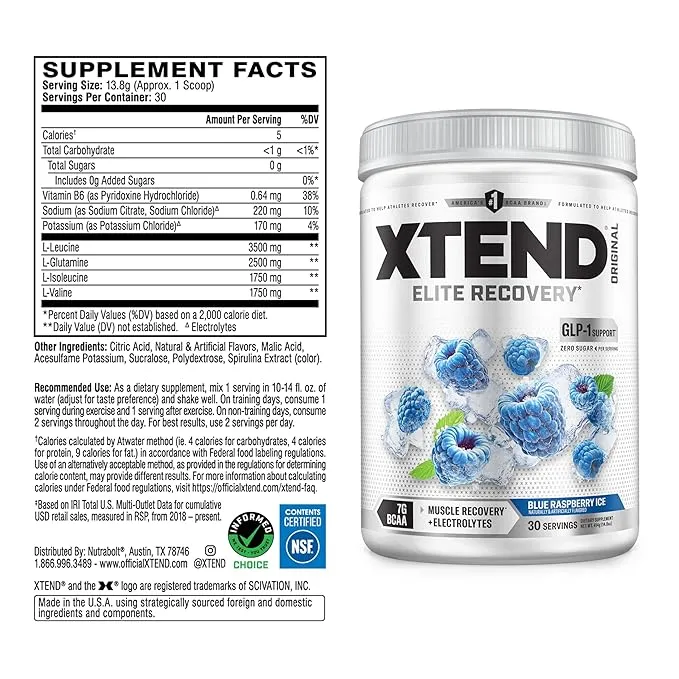 Scivation Xtend BCAA Intra Workout Blue Raspberry Ice 7g BCAAs 30 Servings Zero Sugar