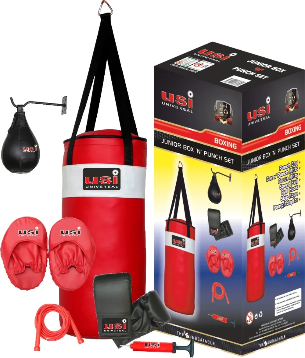 USI Universal 720 Junior Boxing Set 53cm PVC Bag Gloves Pads Speed Ball Skipping Rope Ages 7-10