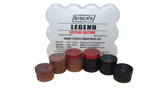 Siscaa Legend Special Edition Carrom Coins Set 7.2mm Wood Smooth Finish AICF ICF Champions (Indian/English Birch Boards)