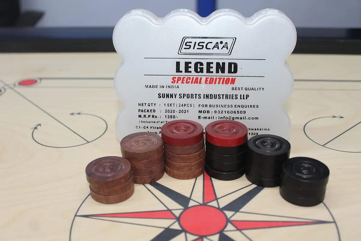 Siscaa Legend Special Edition Carrom Coins Set 7.2mm Wood Smooth Finish AICF ICF Champions (Indian/English Birch Boards)