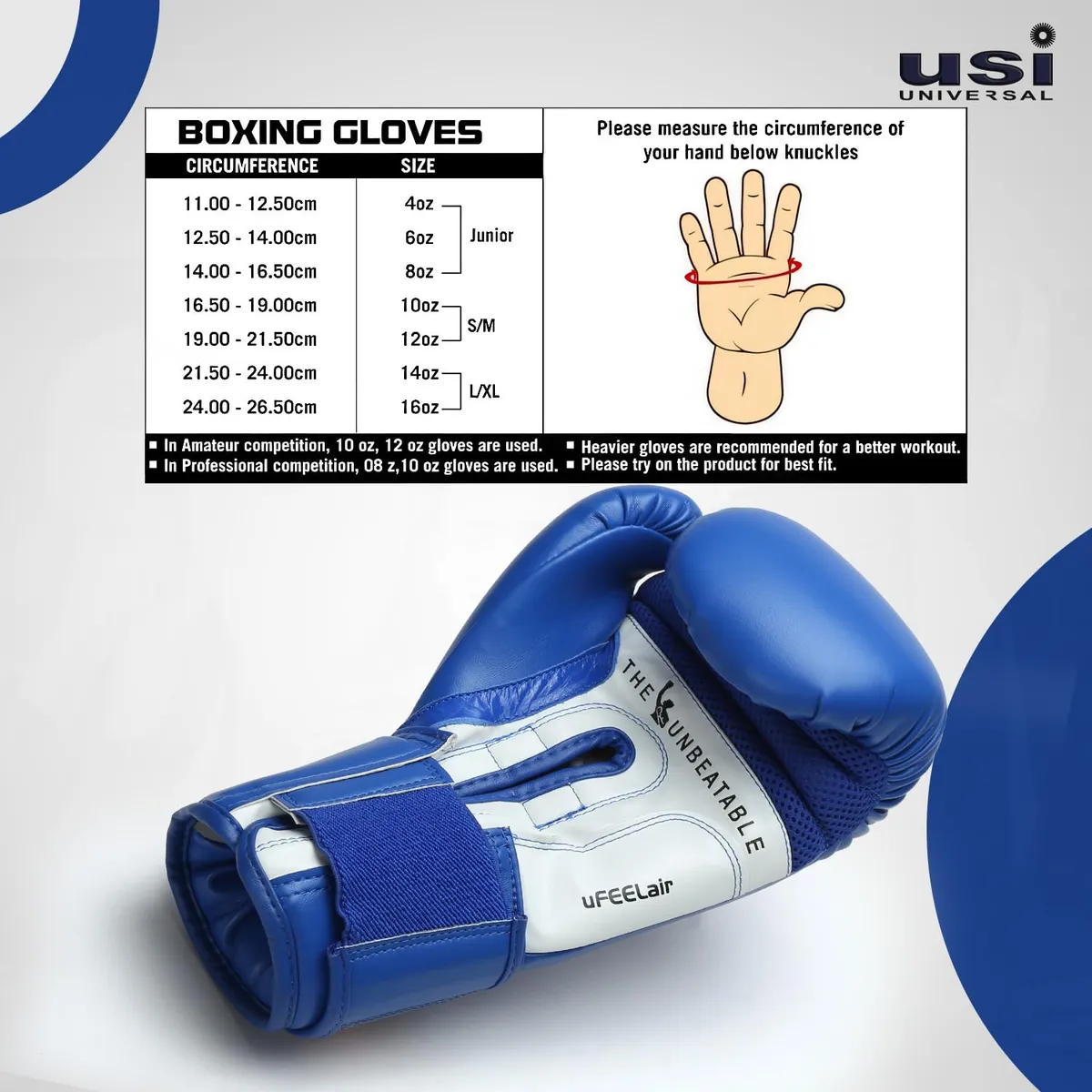 USI Universal 609MPU Lite Contest PU Boxing Gloves Blue 12oz Moulded Foam Beginner