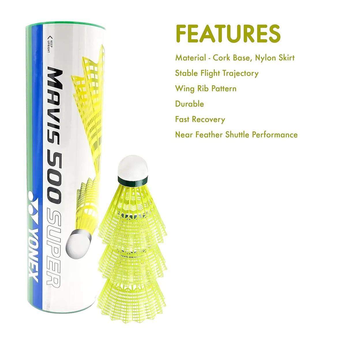 Yonex Mavis 500 Super Nylon Badminton Shuttlecock Yellow Green Cap Pack of 6