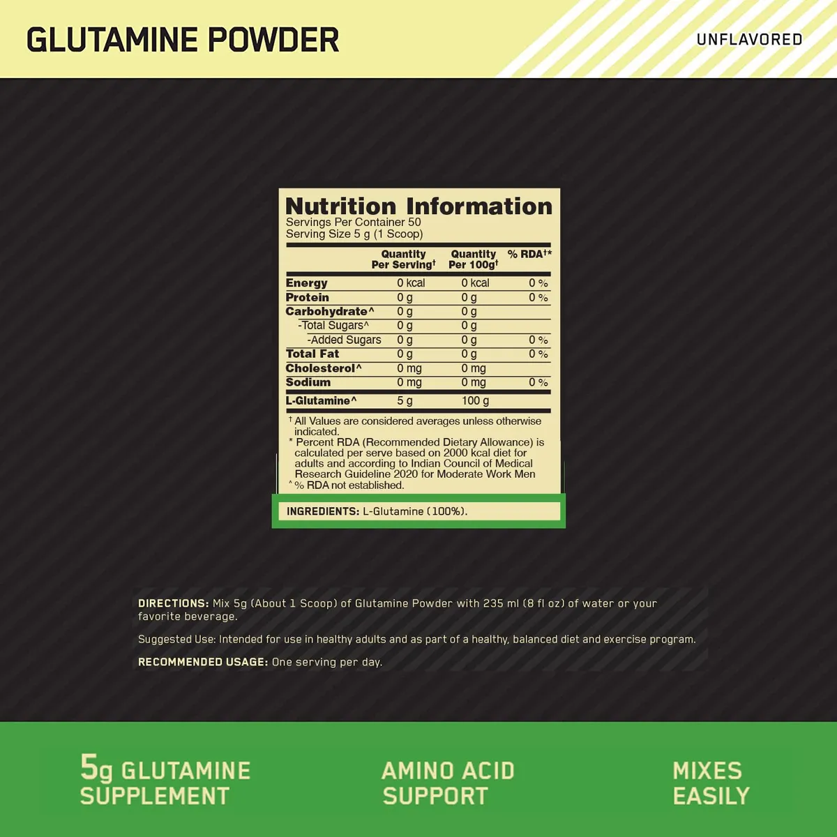 Optimum Nutrition ON Glutamine Powder Unflavoured 250g 50 Servings 5g L-Glutamine