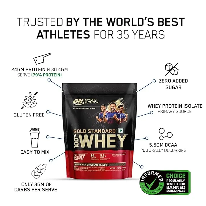 Optimum Nutrition Gold Standard 100% Whey Protein Double Rich Chocolate 454 g (1 lb) ~14 Servings 24g Protein