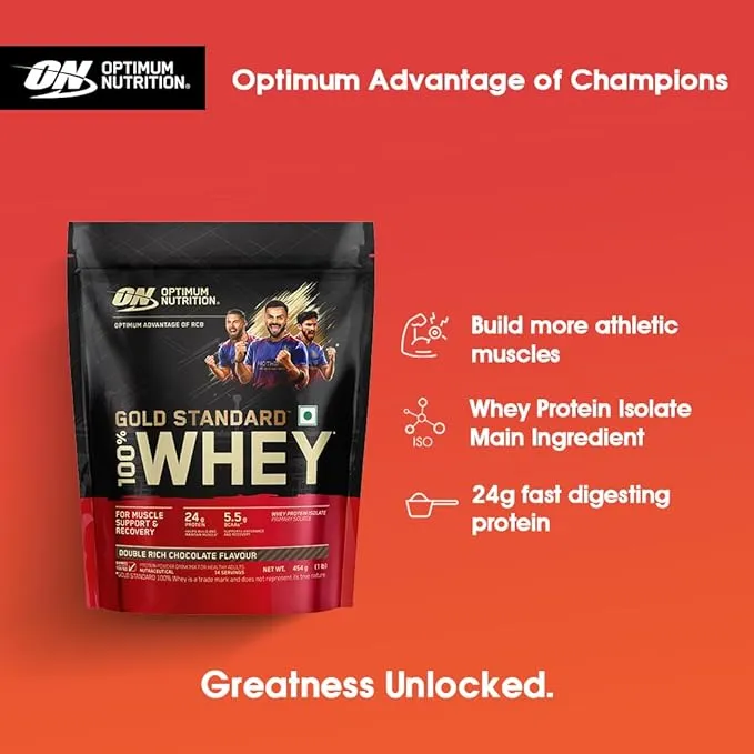 Optimum Nutrition Gold Standard 100% Whey Protein Double Rich Chocolate 454 g (1 lb) ~14 Servings 24g Protein
