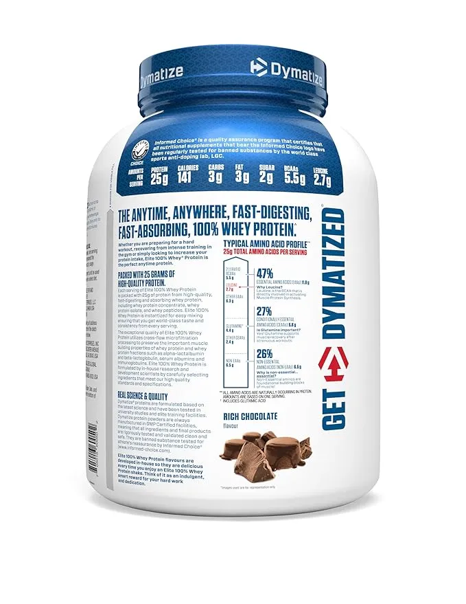 Dymatize Elite 100% Whey Protein Rich Chocolate 5 Lbs 63 Servings 25g Protein