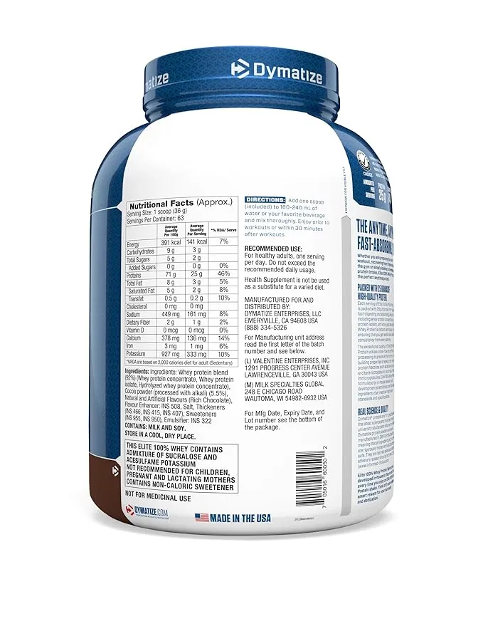 Dymatize Elite 100% Whey Protein Rich Chocolate 5 Lbs 63 Servings 25g Protein