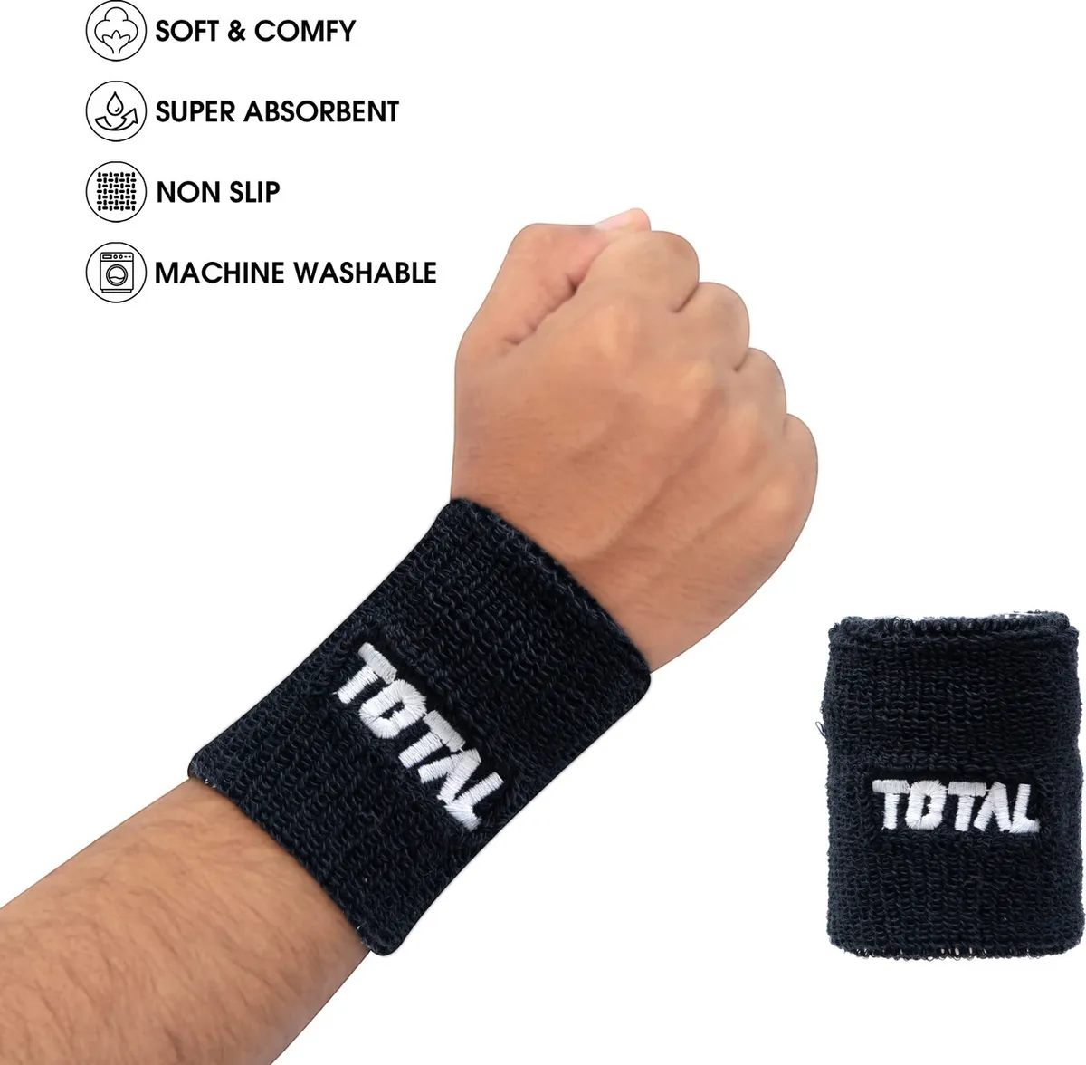 Total Sports 3 Inch Cotton Wristband Black Sweat Absorbent Sports Training