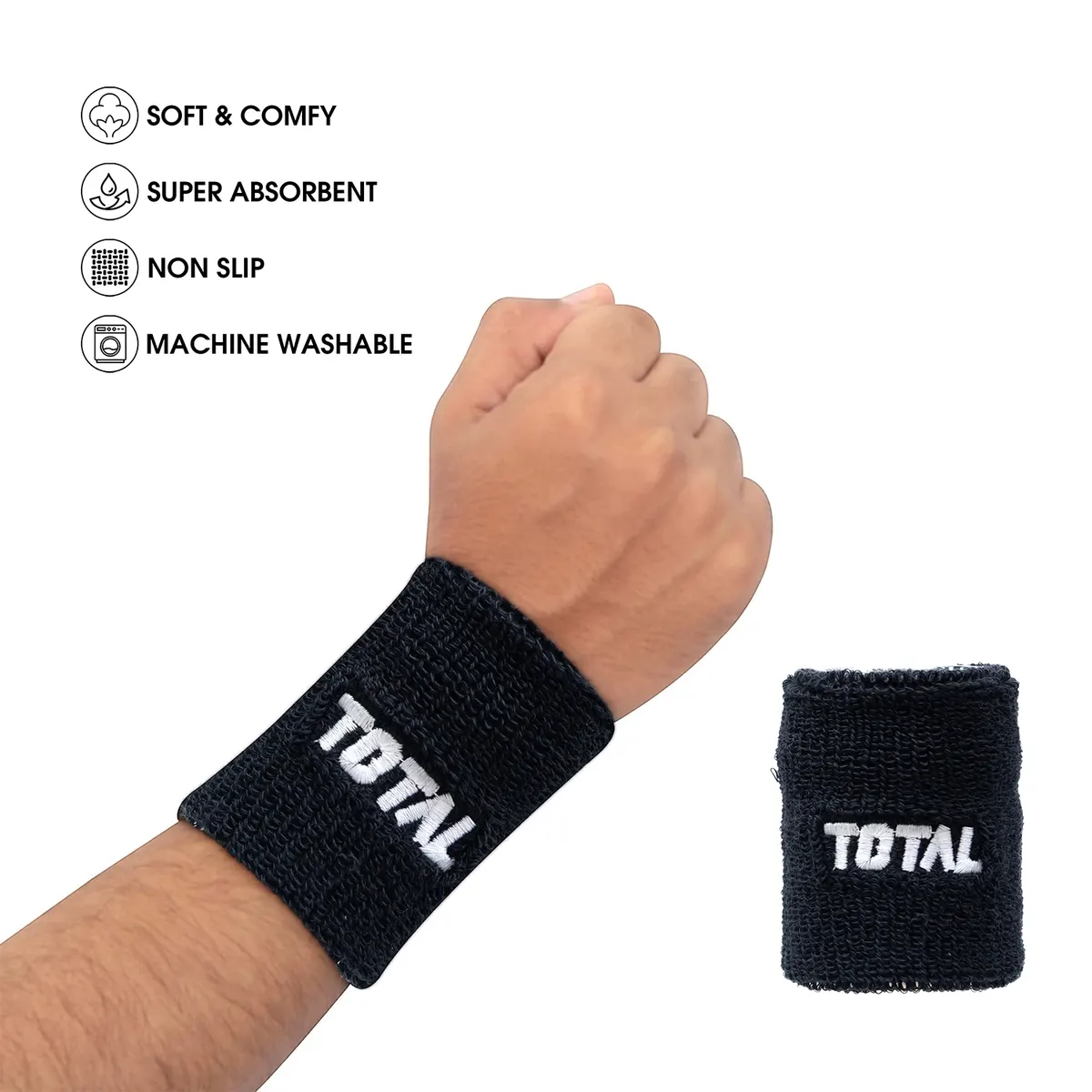 Total Sports 3 Inch Cotton Wristband Black Sweat Absorbent Sports Training