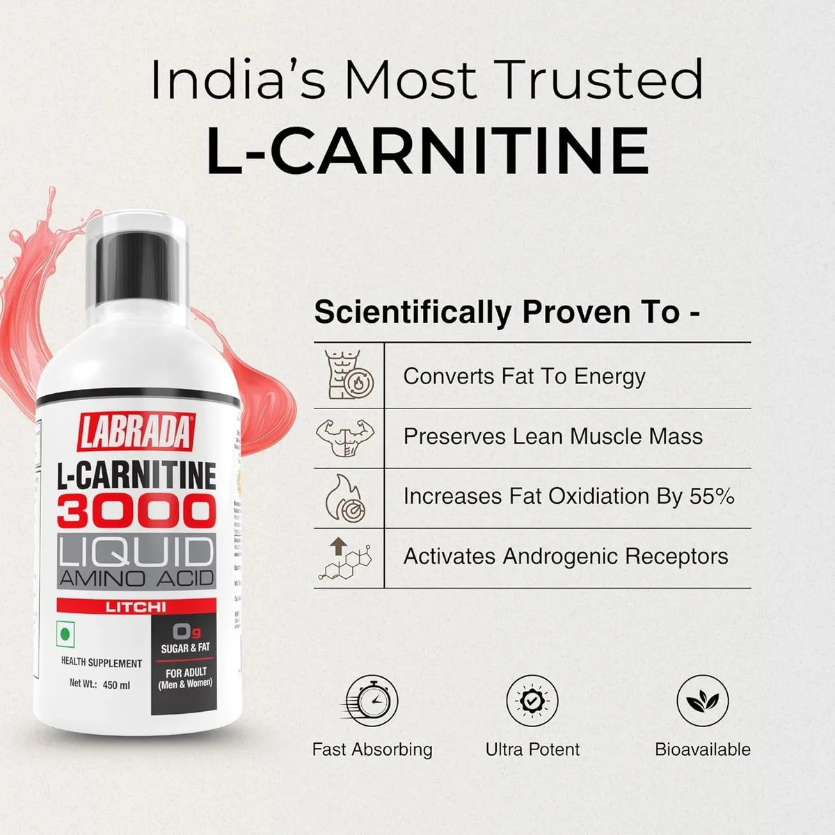 Labrada L-Carnitine 3000mg Liquid Amino Acid 450ml Litchi 30 Servings