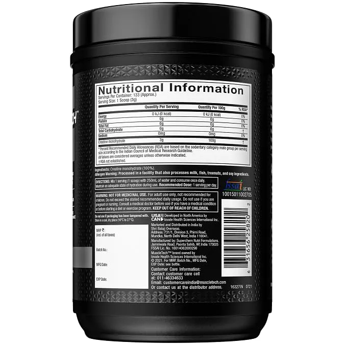 MuscleTech Essential 100% Creatine Monohydrate Unflavoured 400g 5g Per Serving HPLC-Tested