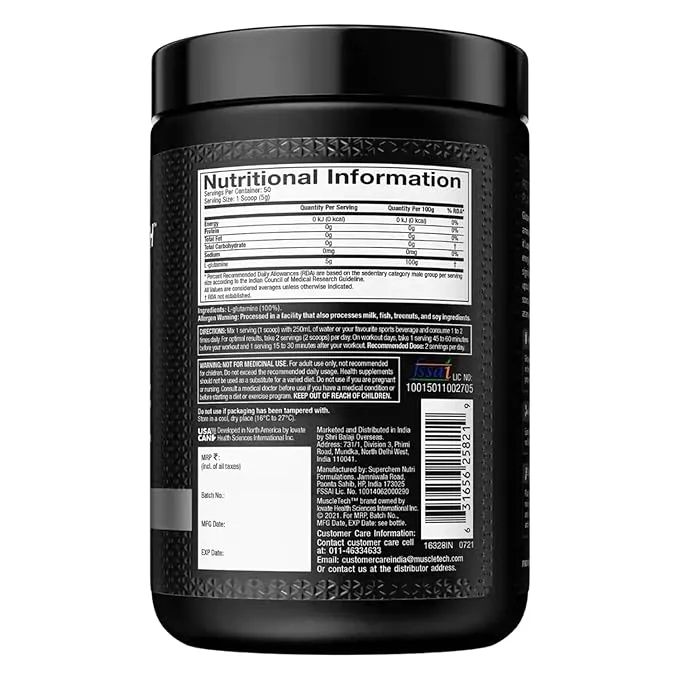 MuscleTech Essential Glutamine 250g Unflavoured 5g L-Glutamine Per Serving HPLC-Tested