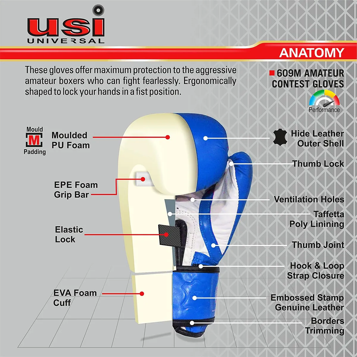 USI Universal 609M Amateur Contest Boxing Gloves Blue 12oz Top Grain Hide Leather IBF