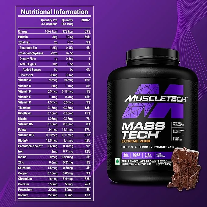 MuscleTech Mass Tech Extreme 2000 High Calorie Mass Gainer 3kg Triple Chocolate Brownie