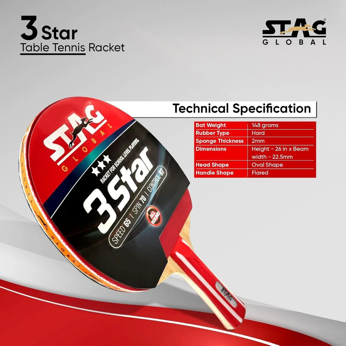 Stag 3 Star Table Tennis Bat Recreational to Club