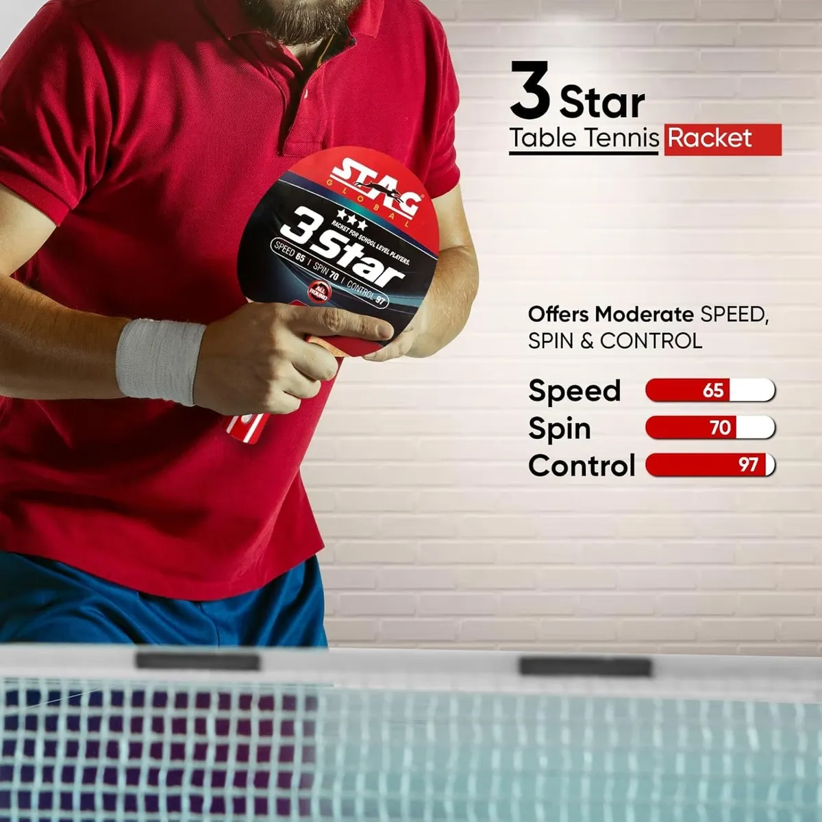 Stag 3 Star Table Tennis Bat Recreational to Club