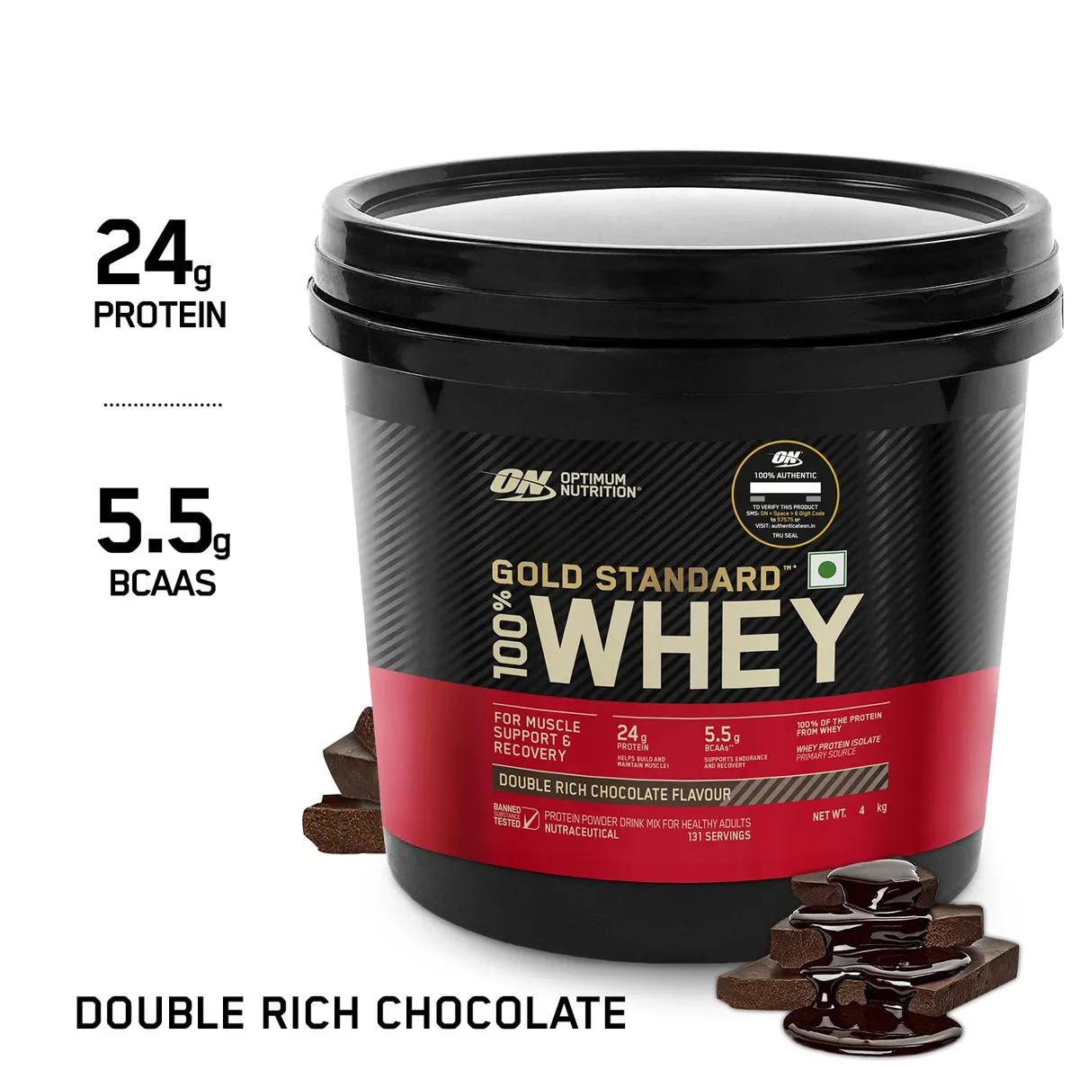 Optimum Nutrition Gold Standard 100% Whey Protein Double Rich Chocolate 4 kg (8.8 lb) ~128 Servings 24g Protein