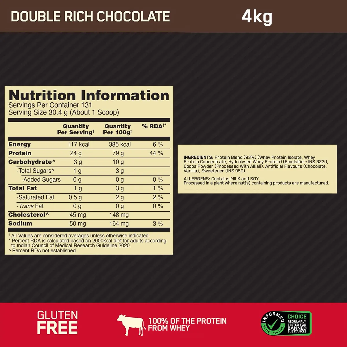 Optimum Nutrition Gold Standard 100% Whey Protein Double Rich Chocolate 4 kg (8.8 lb) ~128 Servings 24g Protein