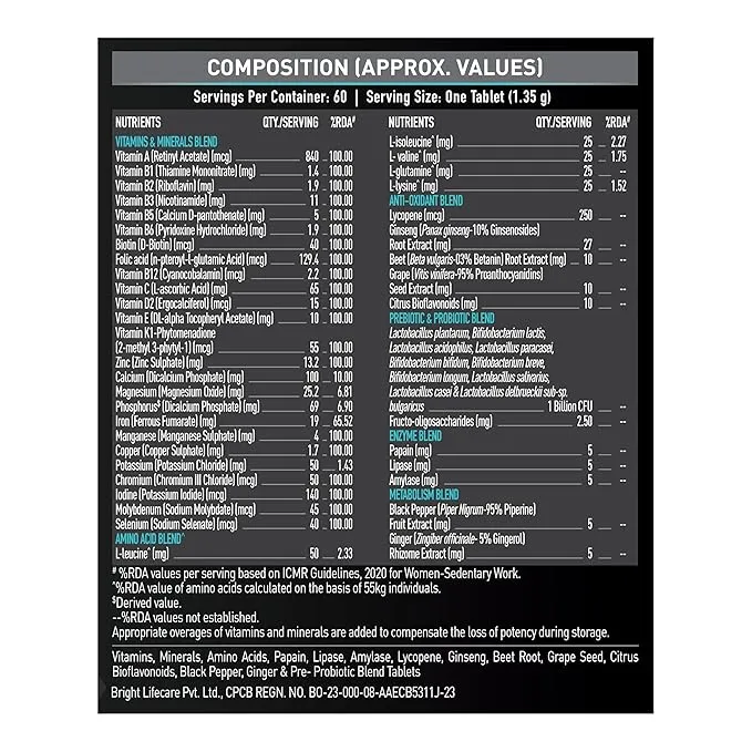 MuscleBlaze MB-Vite Multivitamin Immunity Digestive Enzymes 60 Tablets