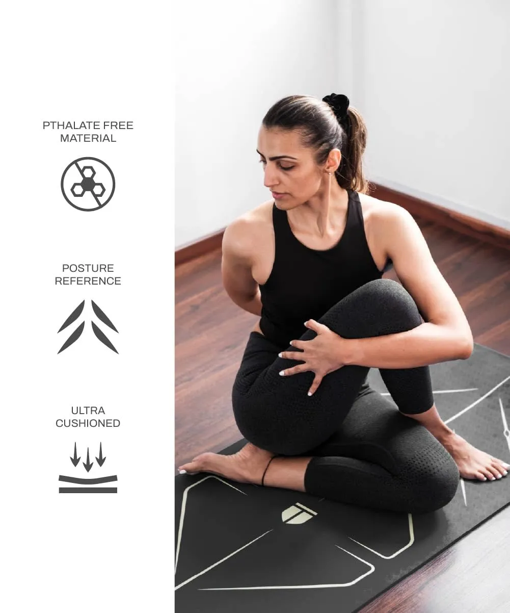 TEGO TS0346-0 Yoga Mat Black/Gold 8mm Premium Non-Slip with Posture Reference