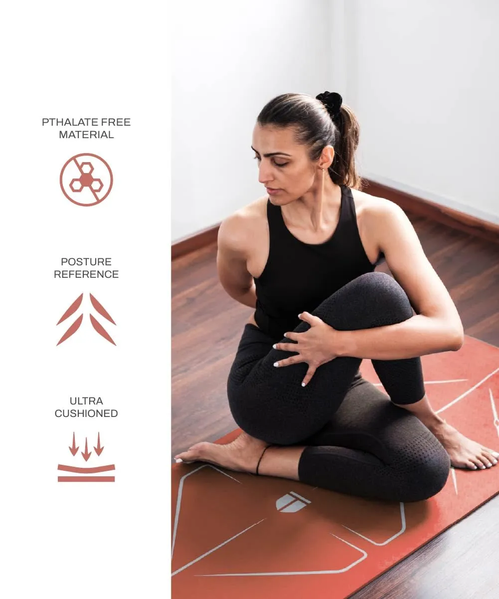 TEGO TS0348-0 Yoga Mat Grey Brick 8mm Premium Non-Slip with Posture Reference