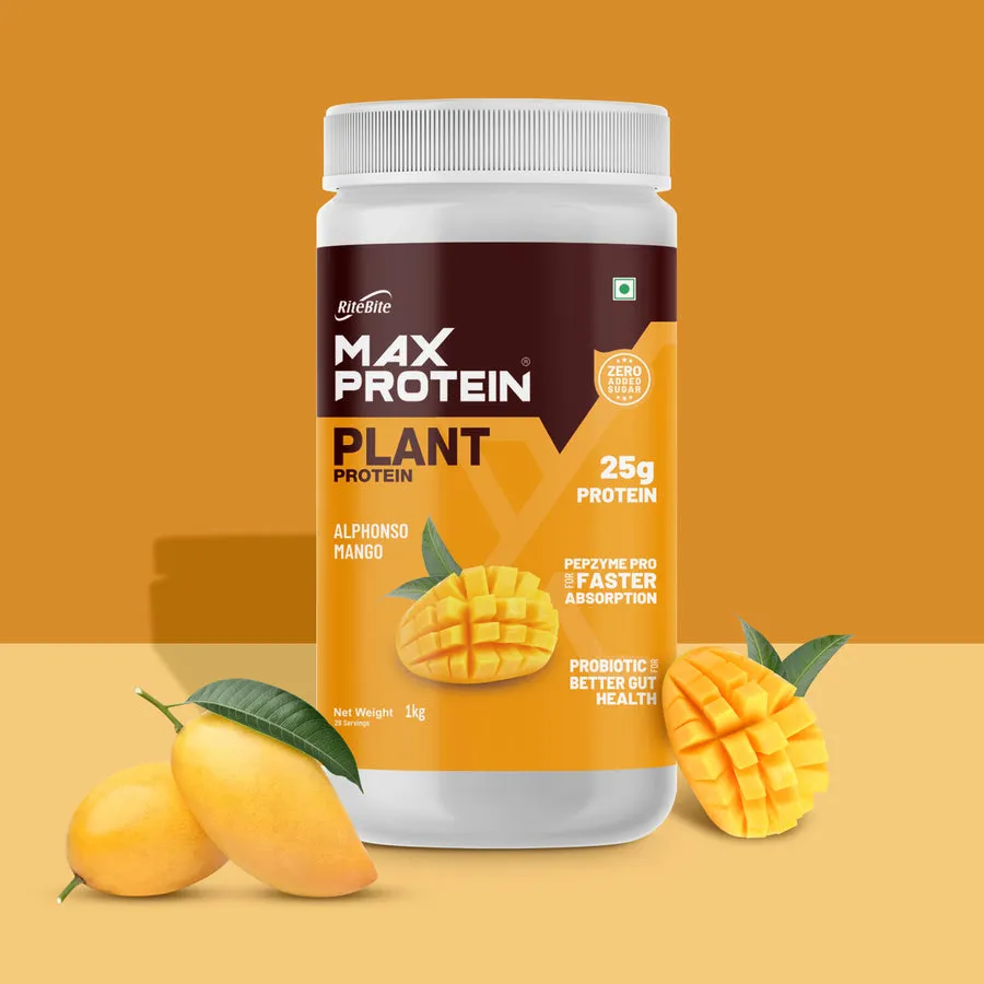 RiteBite Max Protein Plant Protein Alphonso Mango 500g 25g Protein Vegan Probiotic Pepzyme