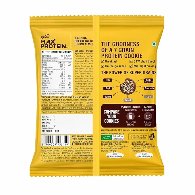 RiteBite Max Protein Choco Almond Cookie 60g Zero Added Sugar 7 Grain