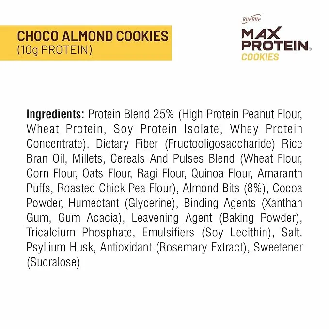 RiteBite Max Protein Choco Almond Cookie 60g Zero Added Sugar 7 Grain