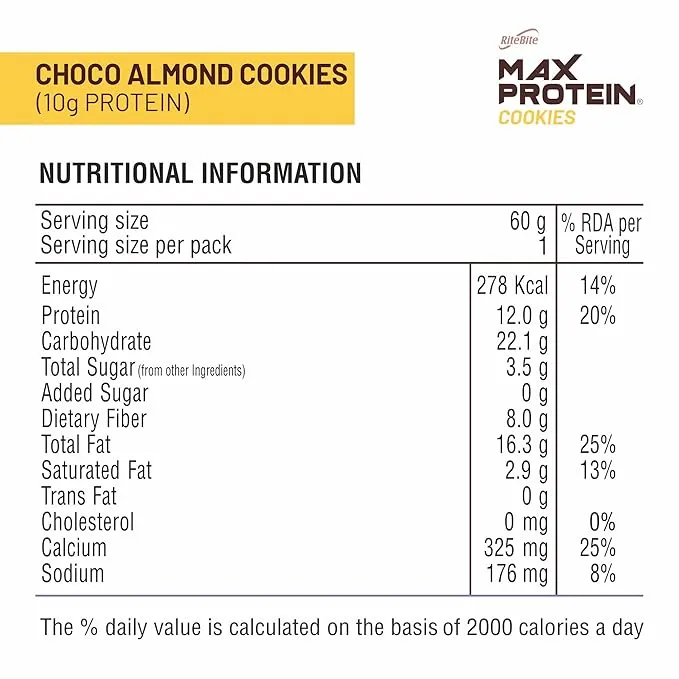 RiteBite Max Protein Choco Almond Cookie 60g Zero Added Sugar 7 Grain