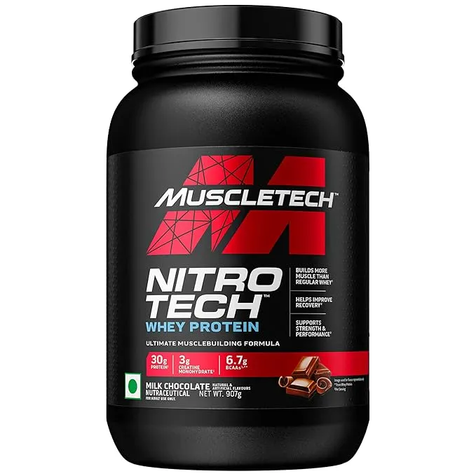 MuscleTech NitroTech Performance Whey Protein Milk Chocolate 907 g (2 lb) 30g Protein 3g Creatine