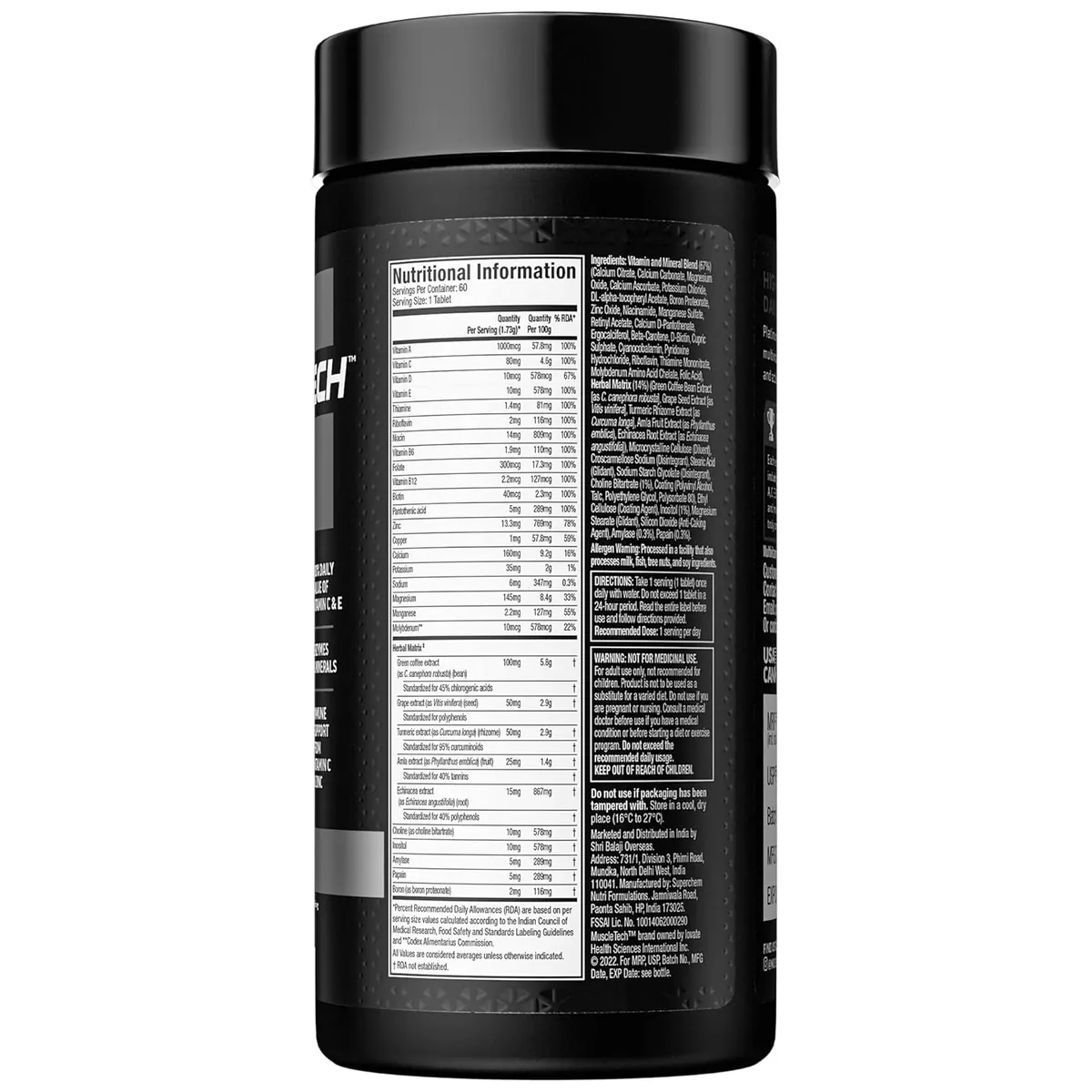 MuscleTech Platinum Multivitamin 18 Vitamins Minerals Amino Herbal 60 Tablets