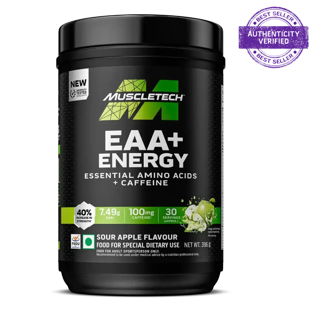 MuscleTech EAA+ Energy Sour Apple 396g 30 Servings 7.4g EAA 3g Leucine Electrolytes Caffeine