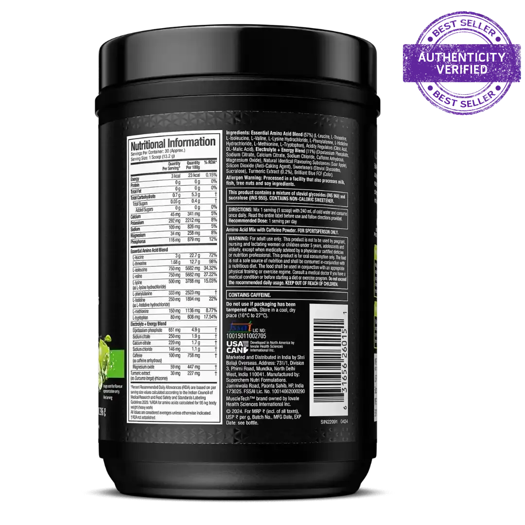 MuscleTech EAA+ Energy Sour Apple 396g 30 Servings 7.4g EAA 3g Leucine Electrolytes Caffeine