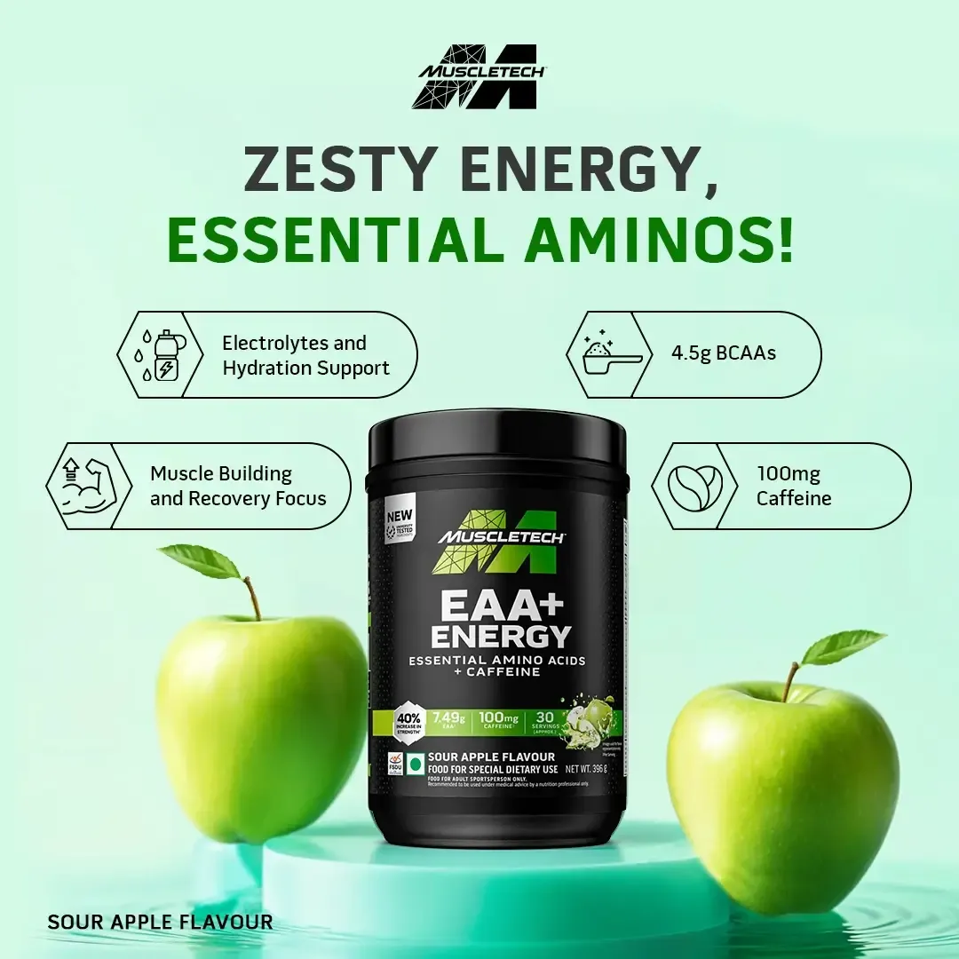 MuscleTech EAA+ Energy Sour Apple 396g 30 Servings 7.4g EAA 3g Leucine Electrolytes Caffeine