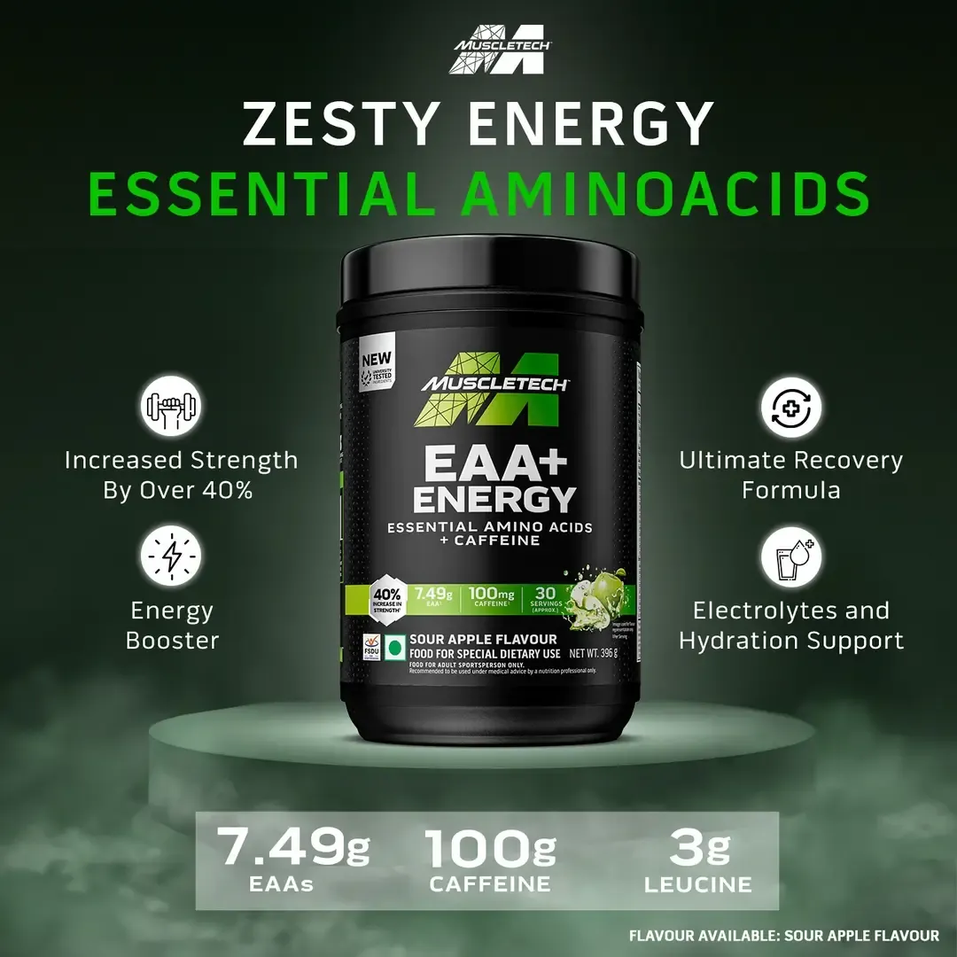 MuscleTech EAA+ Energy Sour Apple 396g 30 Servings 7.4g EAA 3g Leucine Electrolytes Caffeine