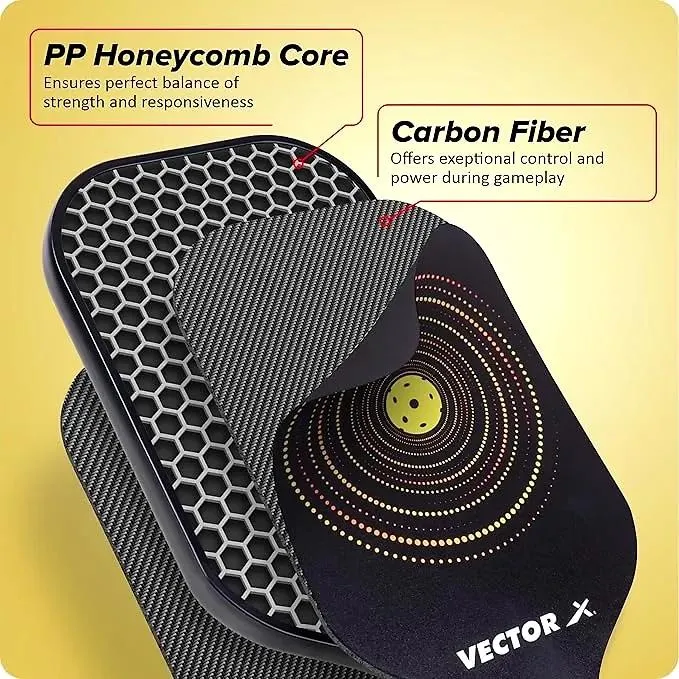 Vector X Pickle Bat, Lightweight Carbon Fiber Material, Face Honeycomb Composite Core Paddle Low Edge Guard, Durable, Lightweight Pickleball Racket Black Color (Pack of 1)