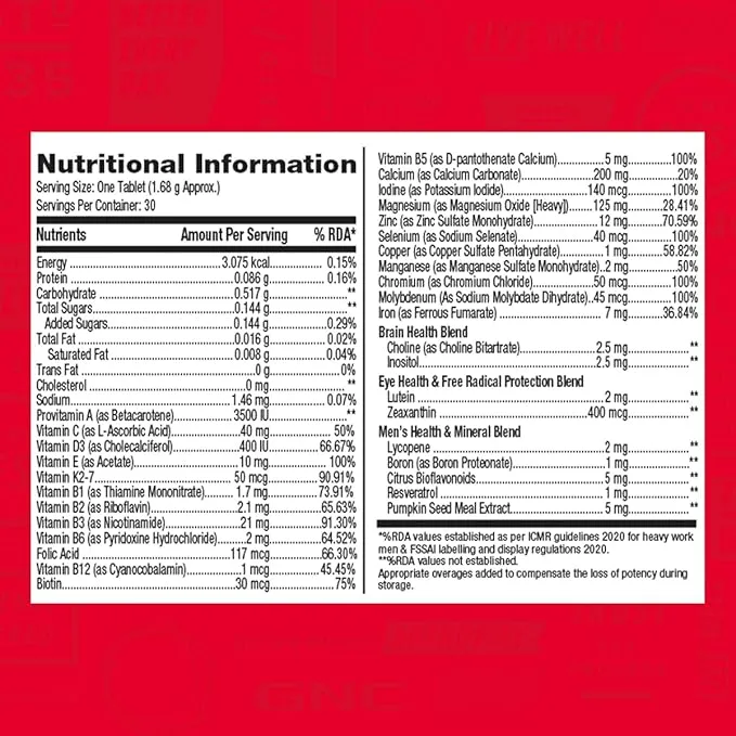 GNC Mega Men One Daily Multivitamin 32 Ingredients 60 Tablets