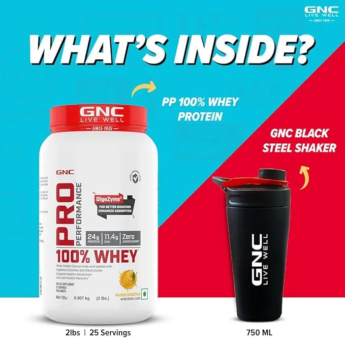 GNC Pro Performance 100% Whey Protein Mango Smoothie 2 lbs 30 Servings 24g Protein